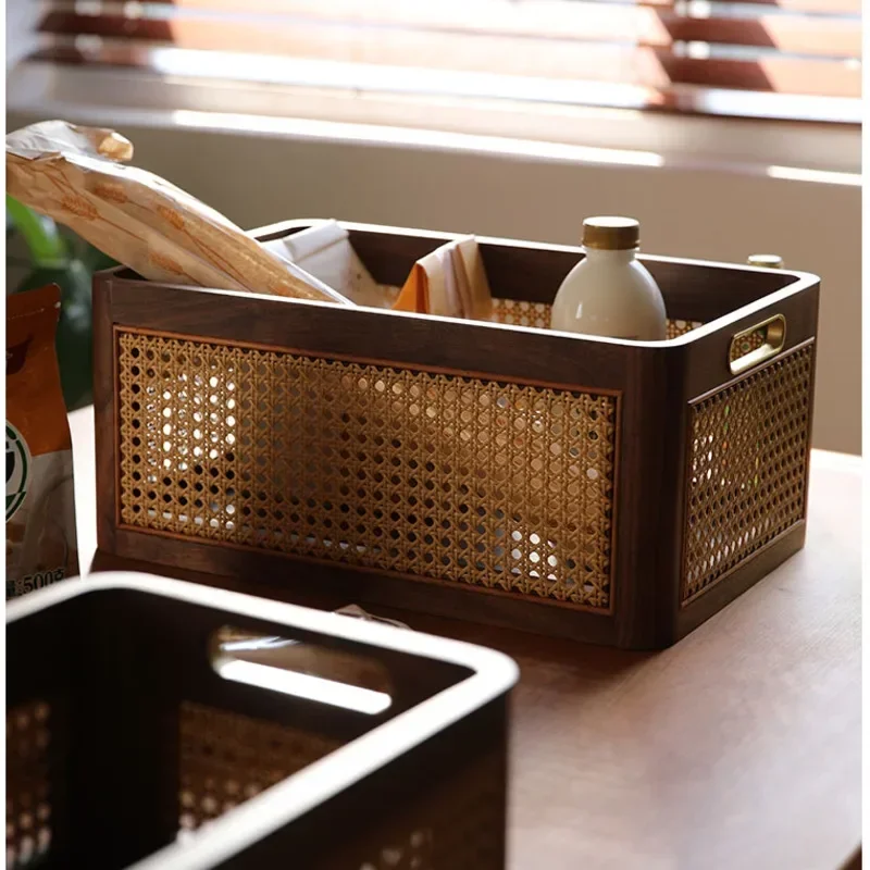 

Vintage Rattan Weaving Storage Basket Multi-functional Tea Table Tray Black Walnut Organizer Box Chinese Living Room Hand Basket