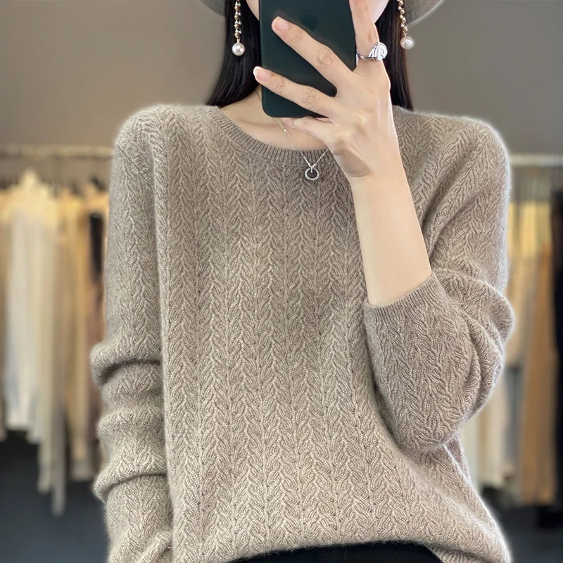 100% Merino Wool Clothing Women\'s O-Neck Pullover Spring and Autumn Thin Knitted Thread Hollow Top Fashion Korean New Product