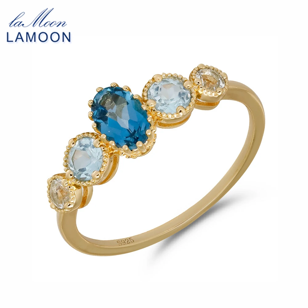 LAMOON Japanese Style Blue Topaz Ring For Women Oval Natural Gemstone Rings 925 Sterling Silver Gold Plated Fine Jewelry Gifts