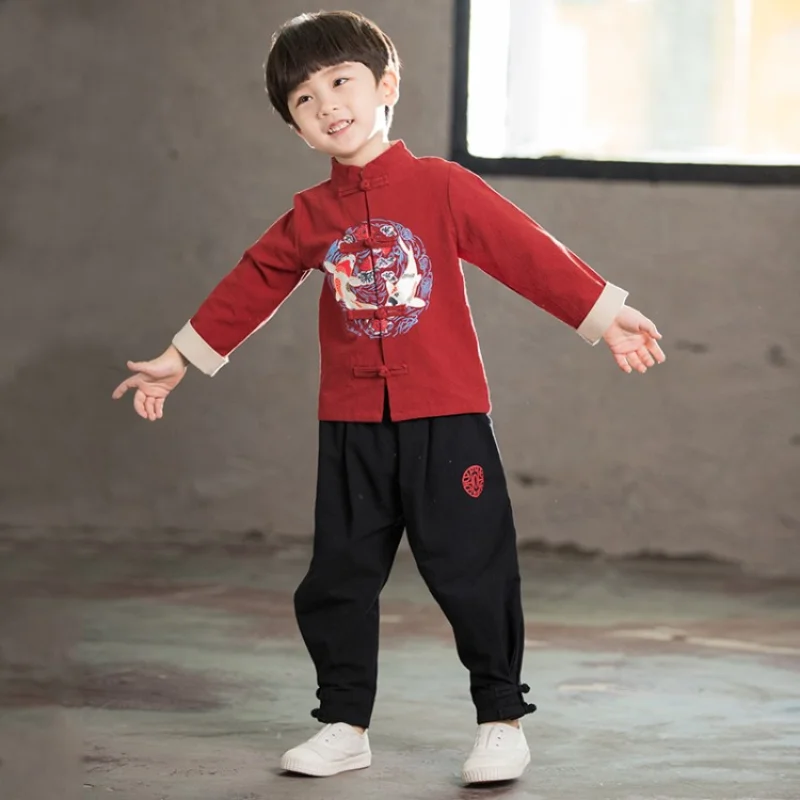 

2Pcs Boy Tang Suit Spring Autumn New Chinese Style Ancient Costume Kindergarten Bookboy Performance Master Suit Recitation Hanfu