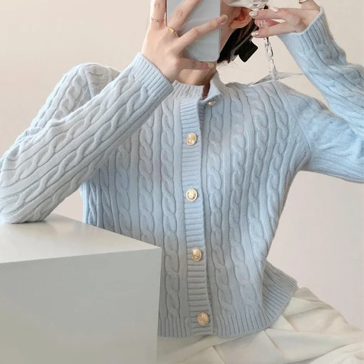 부드러운 크림색 짧은 니트 라운드넥 오픈 가디건 여성 스타일 가을 레이지 순색 스웨터 재킷 레트로 트위스트 디자인