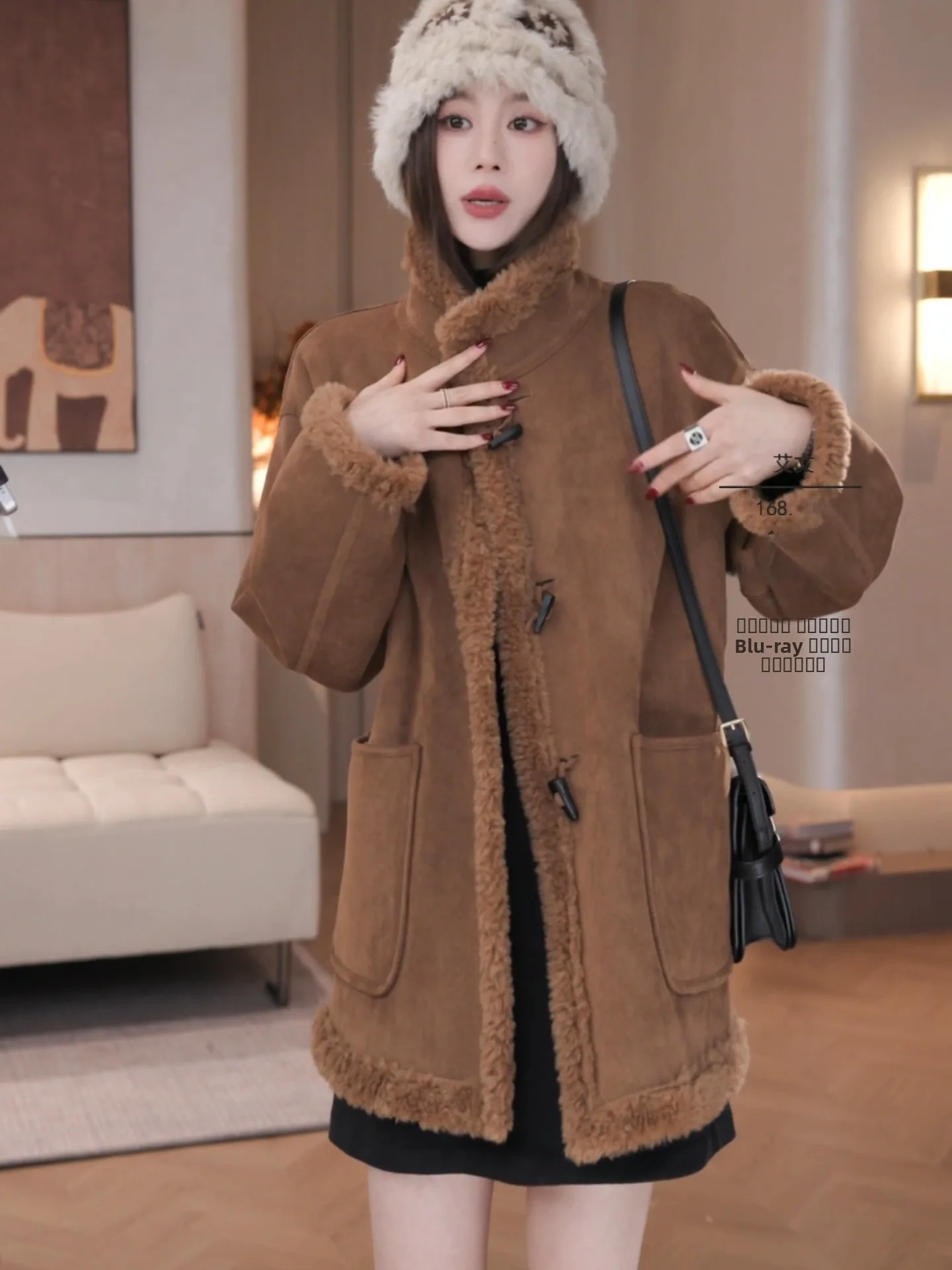 

Iris Nordic Double-Sided Wear 00% Woolen Coat Autumn Winter Thiened Casual Loose Fit Women's Outerwear Long Sve Stand C...