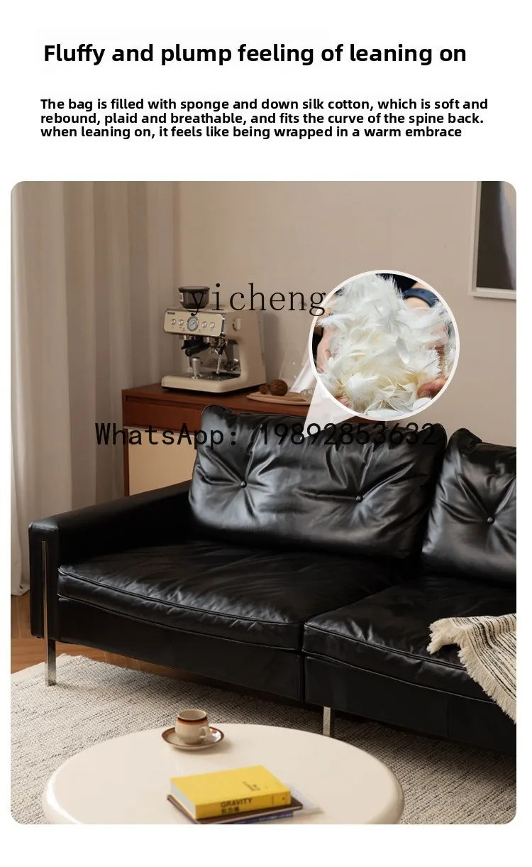 

x7 Vintage Style Minimalist Genuine Leather Sofa Straight Row Small Apartment Black Retro Sofa