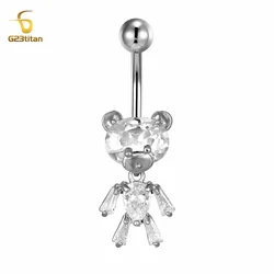 G23titan Bright Silver Color Zircon Bear Belly Piercing Ring 14G Titanium Navel Bar Body Jewelry Women Beach Vacation Accesories