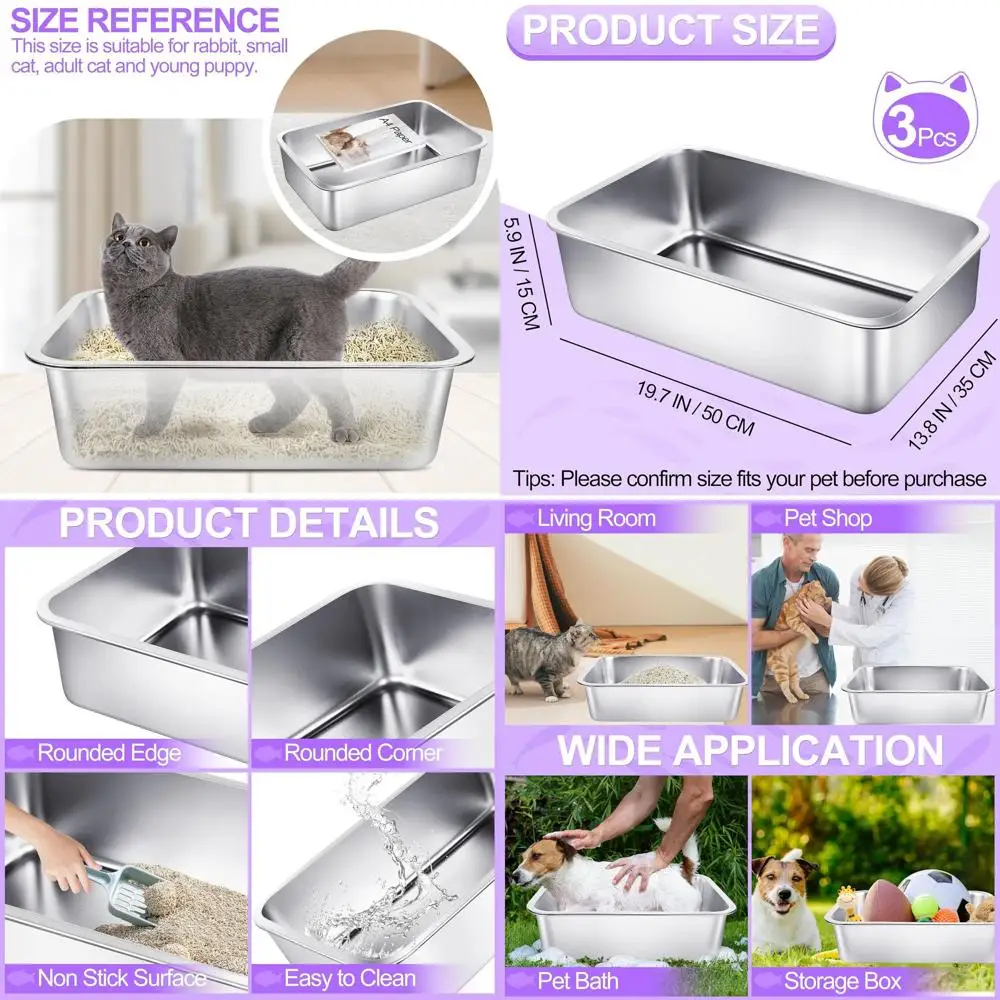 

Extra Large 3-Pack Stainless Steel Cat Litter Boxes with High Sides for Easy Cleaning and Odor Control