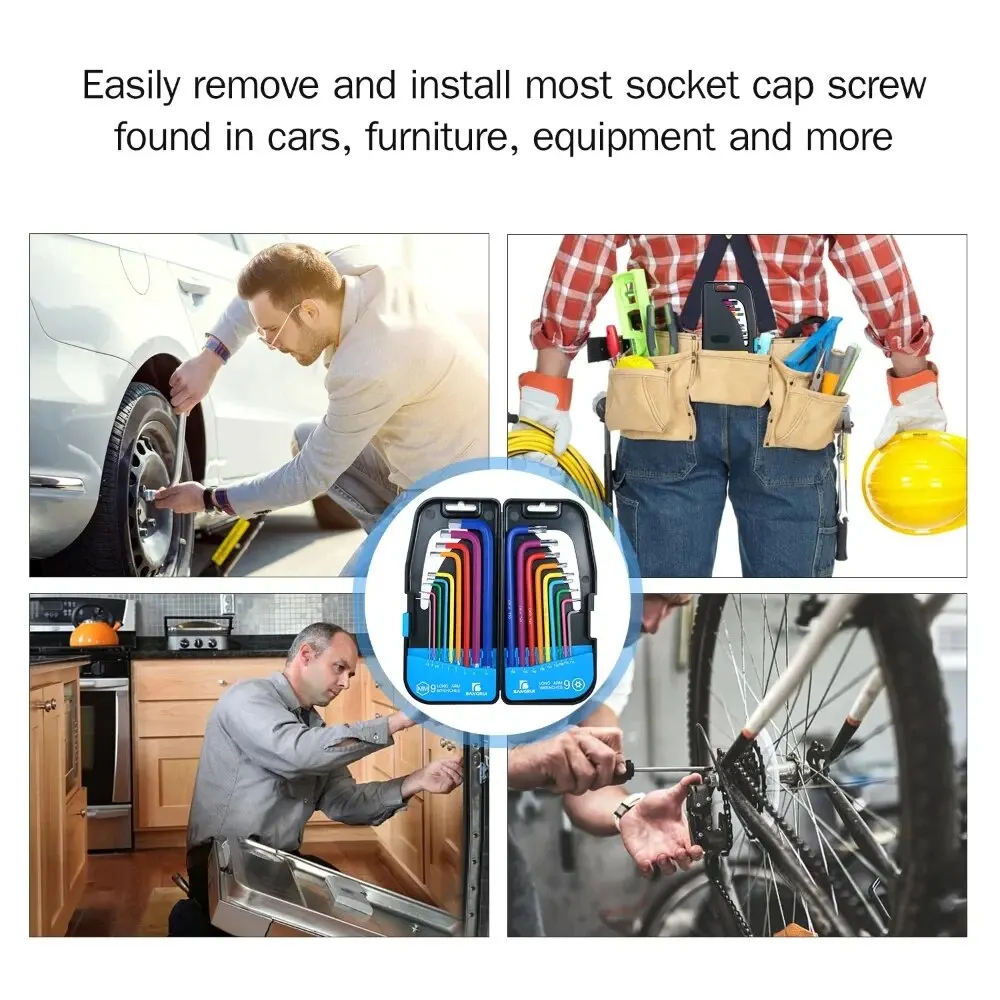 Juego de llaves Allen L, Kit de llaves para tornillo Allen, 9 Uds., juego de llaves hexagonales de brazo largo de 1,5mm a 10mm, herramientas manuales para reparación de bicicletas