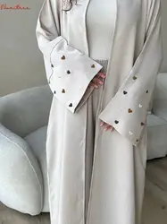 Love Embroidery Kimono With Belt Oversized Muslim Robe abaya syari female full length Muslim abaya Worship Service abayas wy1926