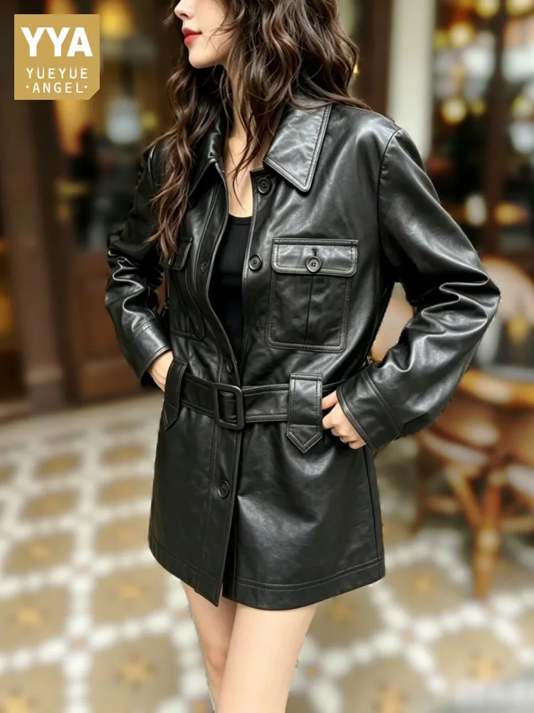 Women Oil Wax Sheepskin Genuine Leather Jacket Belted Waist Single Breasted Mid Long Coat Moto Biker Style Windbreaker Outerwear