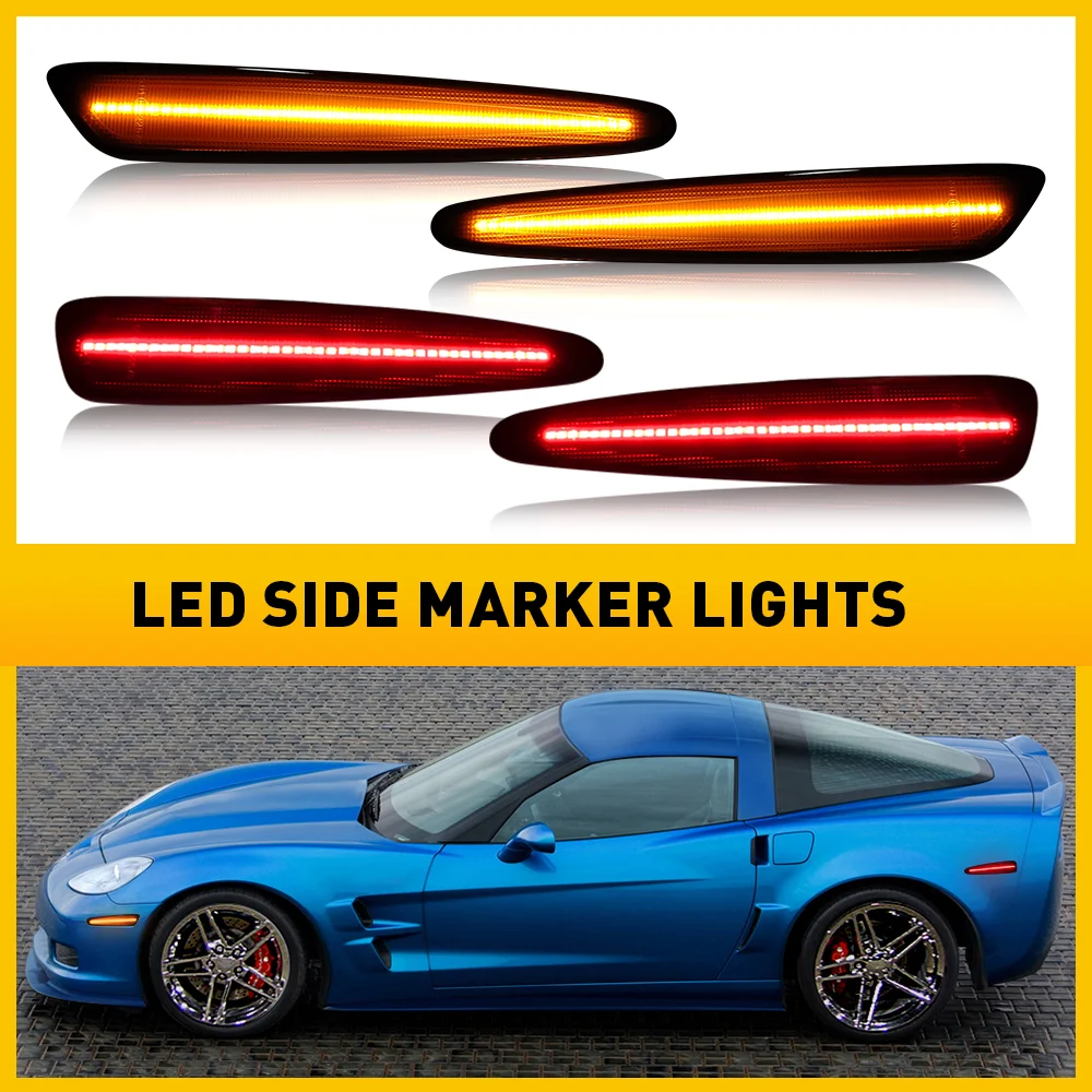 4pcs Front Rear Bumper Side Marker Turn Signal Lighting Yellow Red LED For Chevrolet Corvette C6 2005-2013 Smoked Accessories