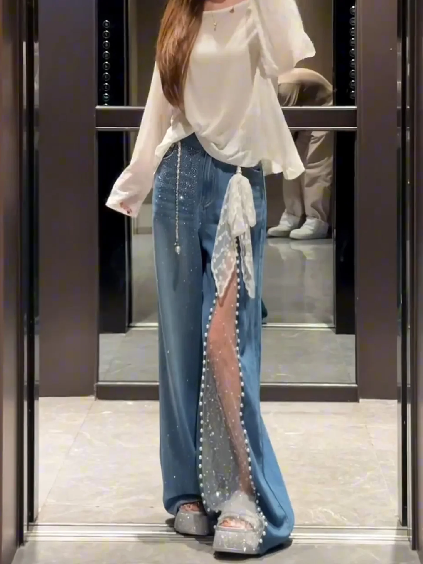 

Свободные широкие джинсы в стиле ретро American Sle Distred Diamond Embellied, женские летние новые брюки длиной до пола, повседневные брюки с высокой талией...