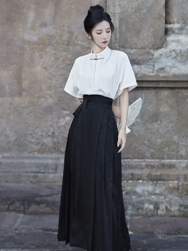 New Chinese Hanfu Set Traditional Printed Black Horse Face Skirt White Tang Top Vintage Classic Mamianqun Female Elegant Qipao