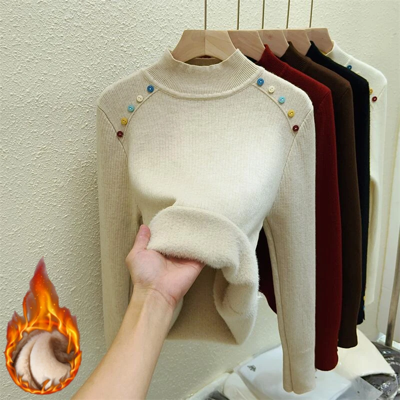 

Women's Turtleneck Sweater Winter 2025 Button Retro Red with Velvet Lining Thickened Inner Wear Thermal Knitting Bottoming Shirt