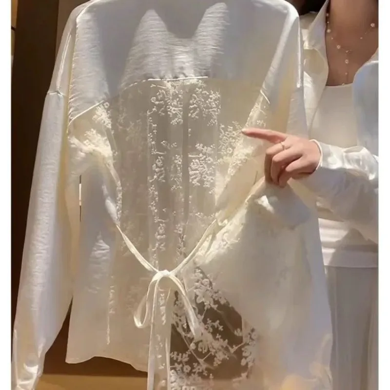 

Long Sleeve Top with Almond Lace Openwork Design Elegant Luxury Age-Defying