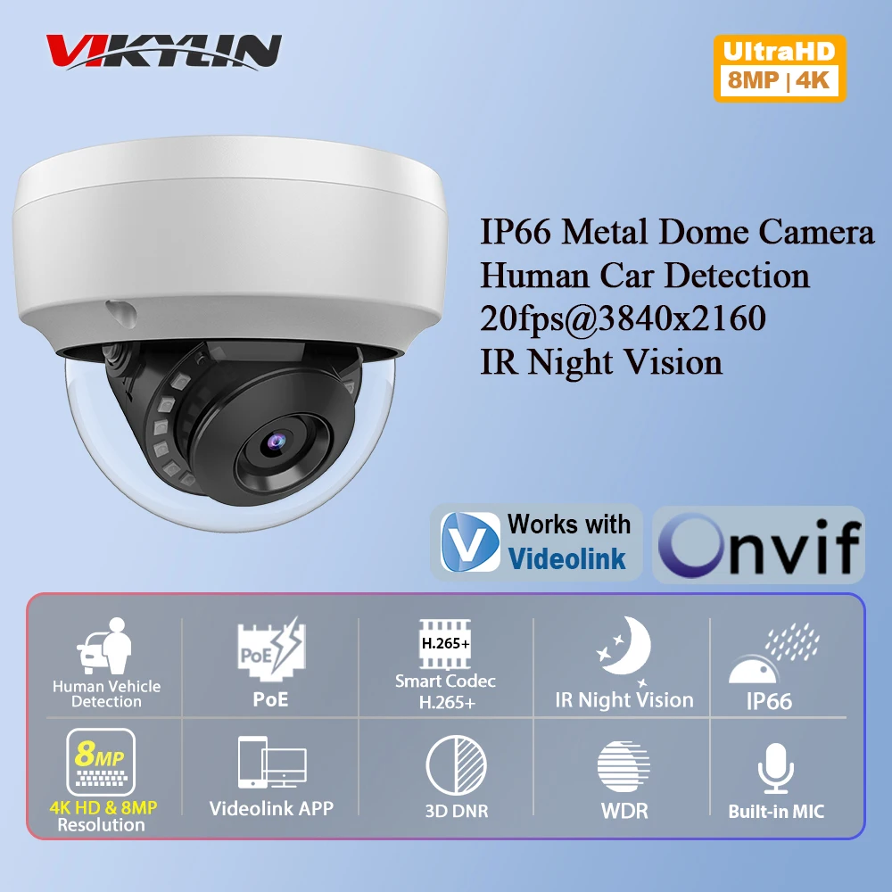 

Vikylin 8MP 4K POE IP Camera IK10 Explosion-proof H.265 Onvif Metal Dome CCTV Outdoor Security Protection Video Surveillance