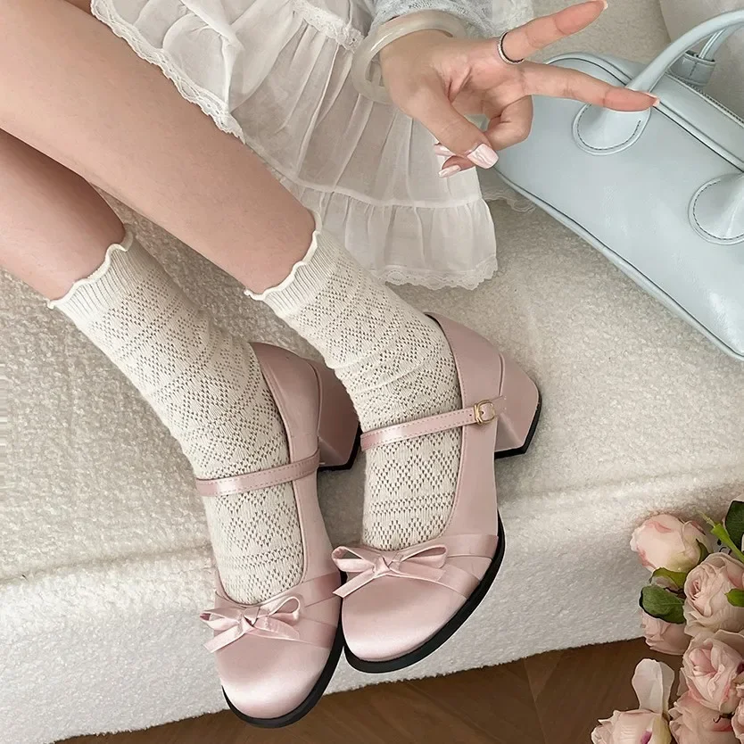 Butterfly-knot Thick Heel Women Mary Jane Shoes Fashion Shallow Buckle  Spring Autumn Ladies Casaul Party Dress Shoes