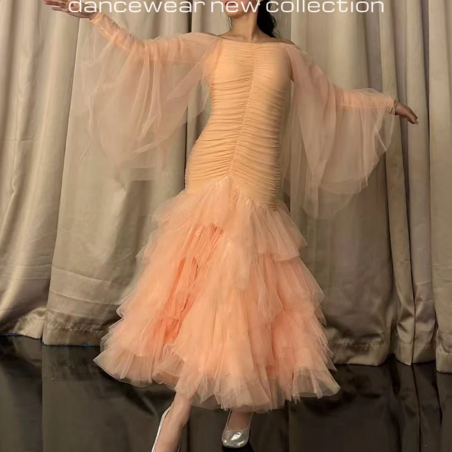 2026 Ballroom Dance Performance Clothes Women Pleated Long Sleeves Fluffy Yarn Dress Prom Waltz Dance Competition Dress BL19938