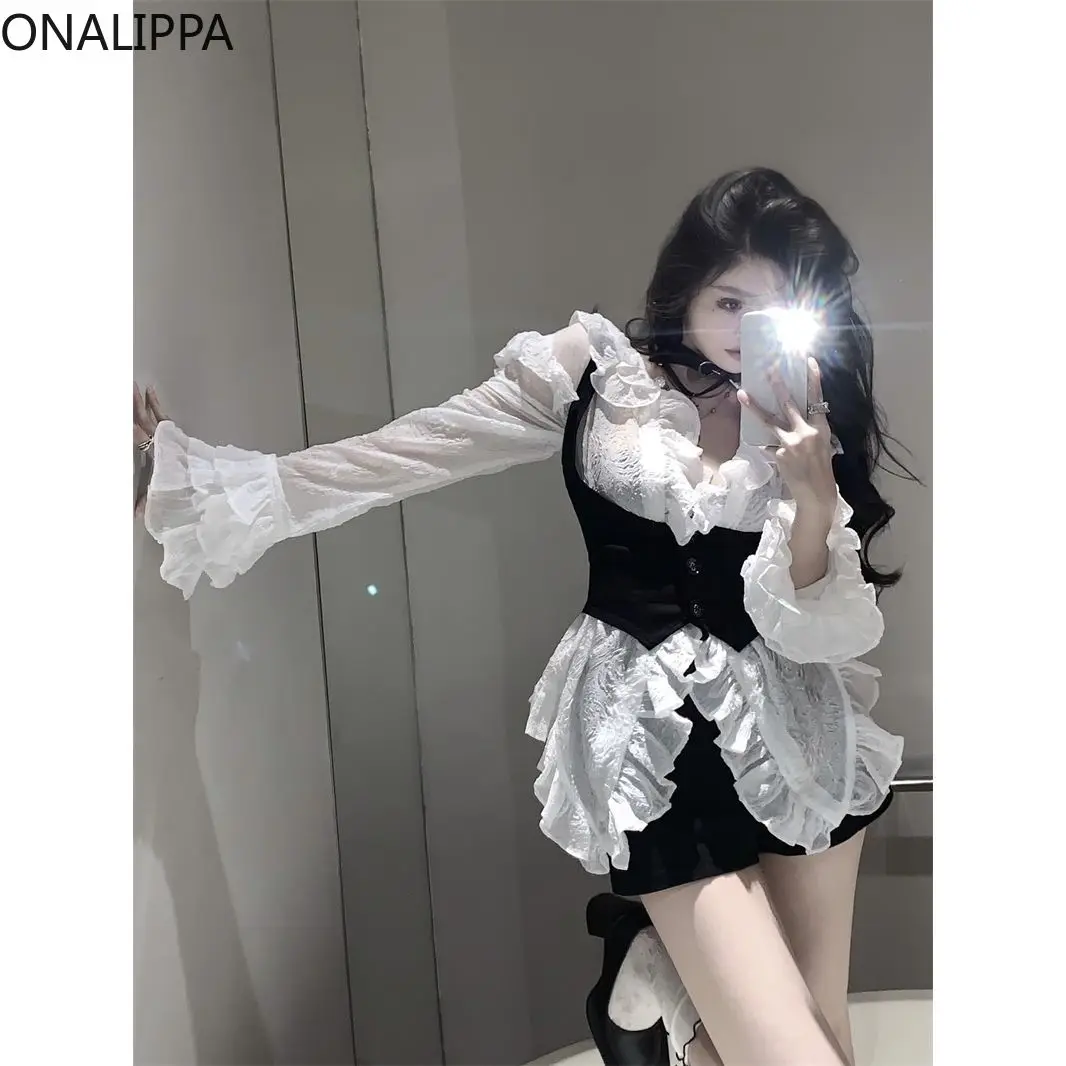 Onalippa Two Piece Sets Womens Outfits Ruffles Mesh Irregular Design Bottoming Blouse Korean High Street U Neck Crop Tank Top