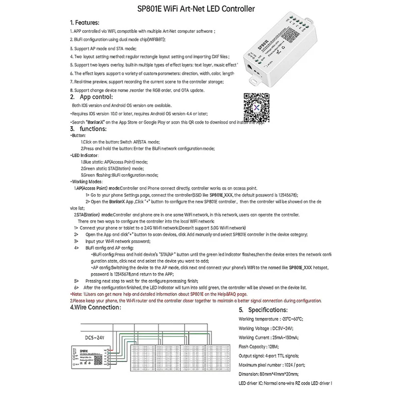 TKOH-10X SP801E Wifi Art-Net LED コントローラ LED マトリックスパネルモジュール WS2812B WS2811 ライトストリップワイヤレス制御 DC5-24V