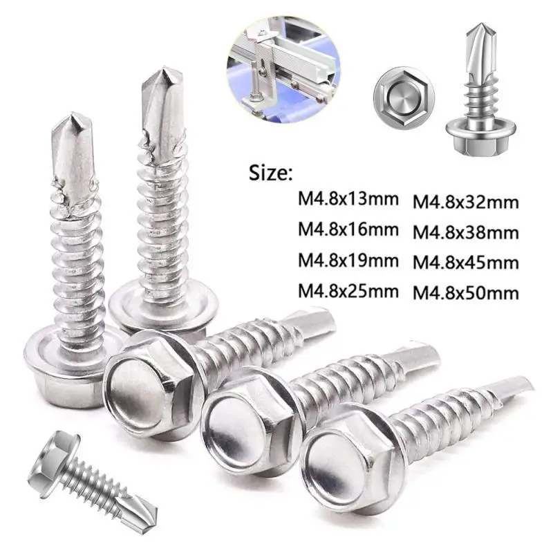 

30pcs~10pcs Stainless Hex Washer Head Self Drilling Screws 4.8mm Stainless Steel Self Tapping TEK Screws