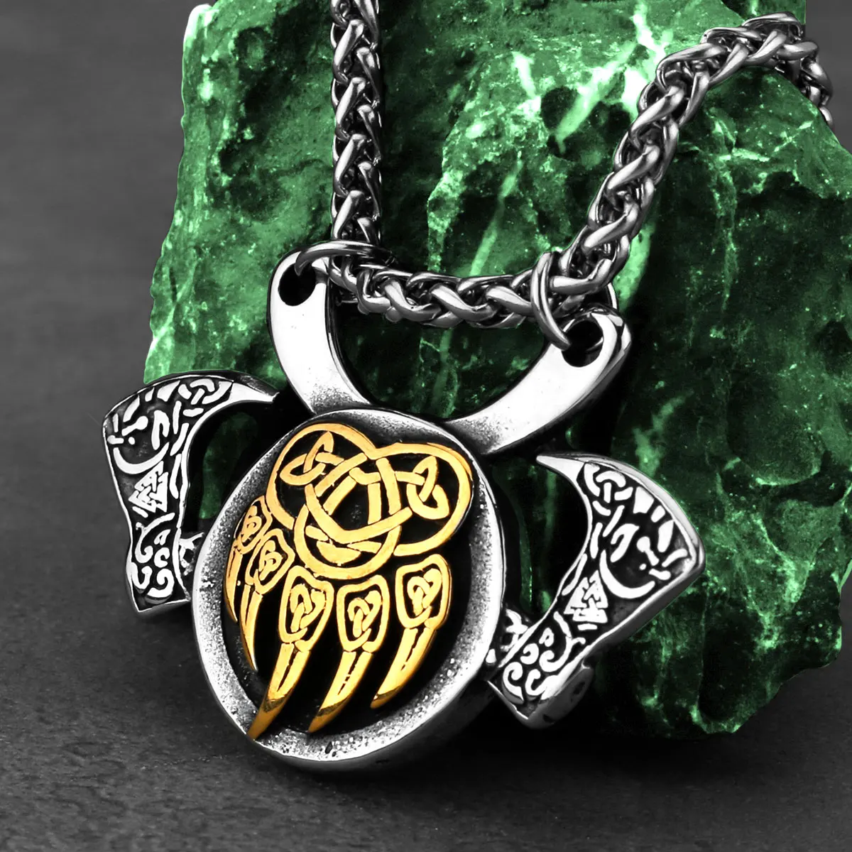 Stainless Steel Viking Axe Shield Wolf Claw Necklace for Men Vintage Charm Biker Celtic Knot Talisman Pendant Necklace Jewelry