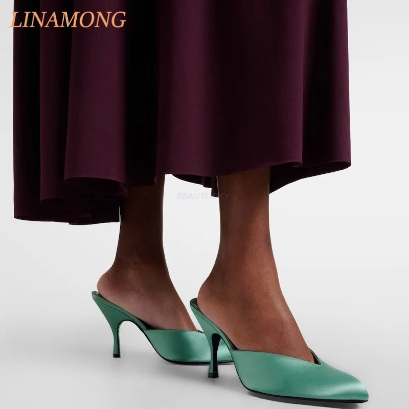 Multicolor Satin V-Neck Mule Pumps Kitten Heel Round Toe Slip On Bridal Wedding Cocktail Party Streetwear Women Footwear