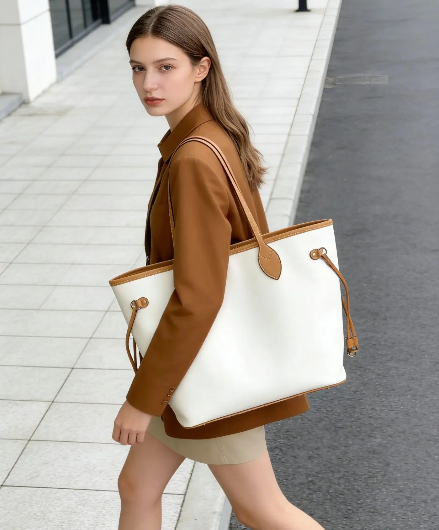 

Two-Tone Oversized Shoulder Bag, Casual Crossbody Purse, Sophisticated Daily Handbag with Leather Trim for Spring