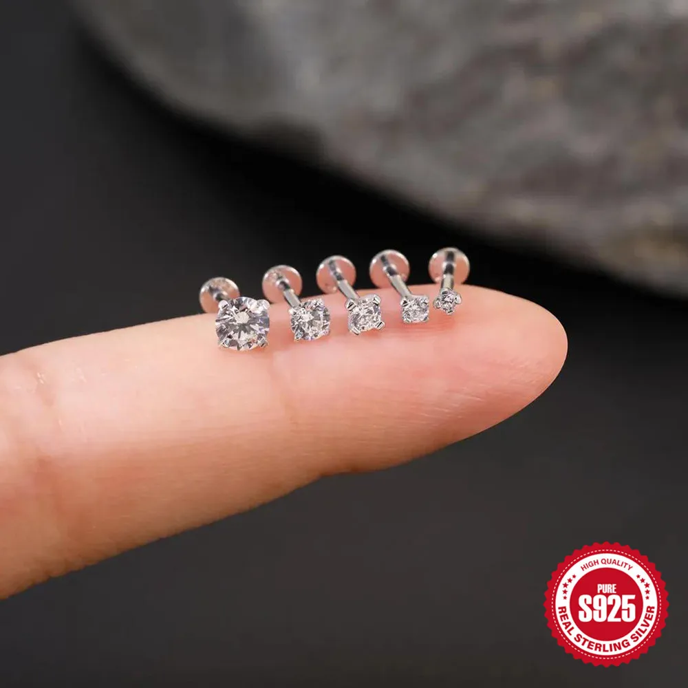 Onnelik New Arrival S925 Sterling Silver Moissanite Four-Prong Flat Top Labret Stud Threaded Cartilage Piercing Ear Jewelry 5