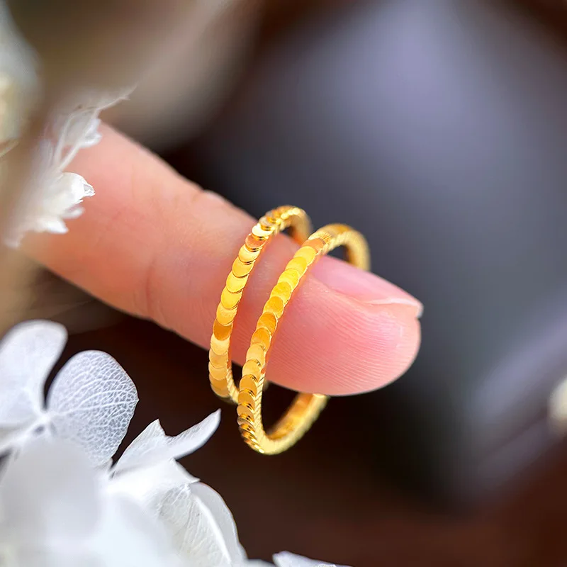 Sand gold light luxury design sense fold wear ring gold shop shiny goldfish scale very fine ring gift girlfriend 9999gold