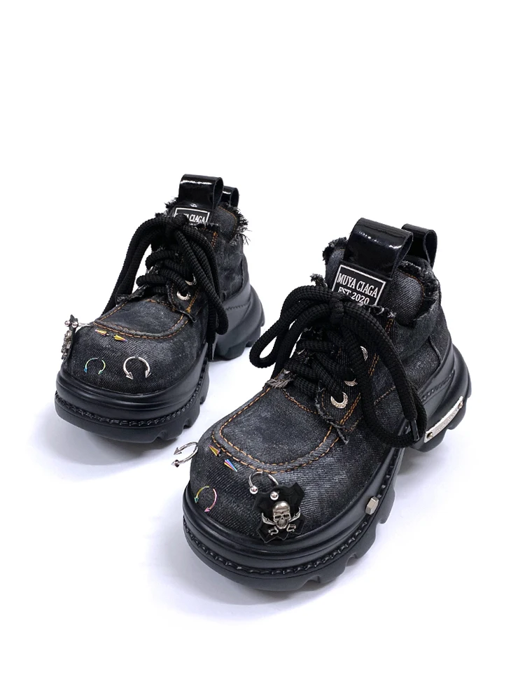 Original Design Canvas Denim Big Head Shoes Women's Summer 2025 round Toe Heightening Thick Bottom Punk Rivet Cyber Shoes