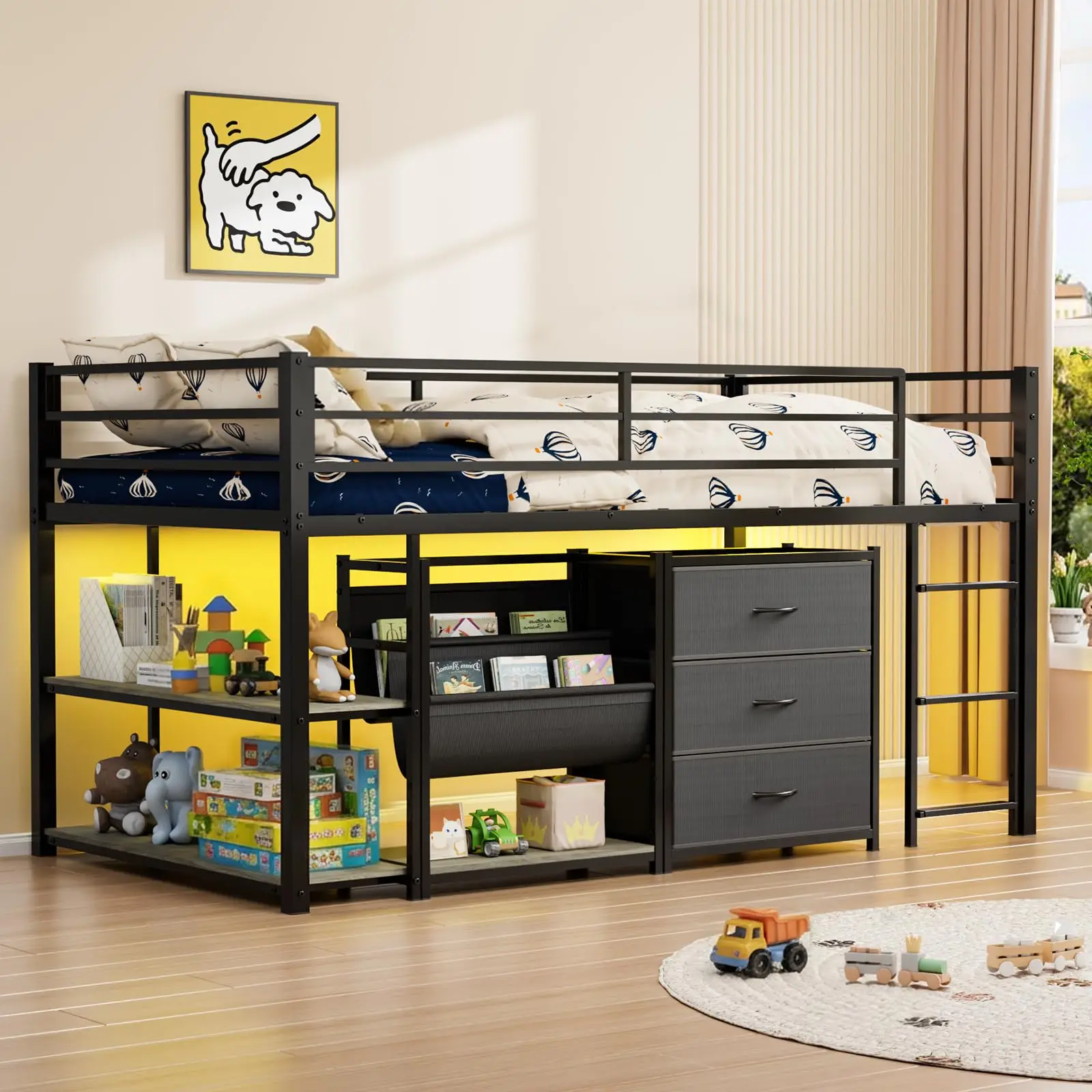 Low Loft Bed Twin Size with 3 Storage Drawers, 2 Tier Storage Shelves, 2 Tier Bookcase and LED Lights, Metal Kids Loft