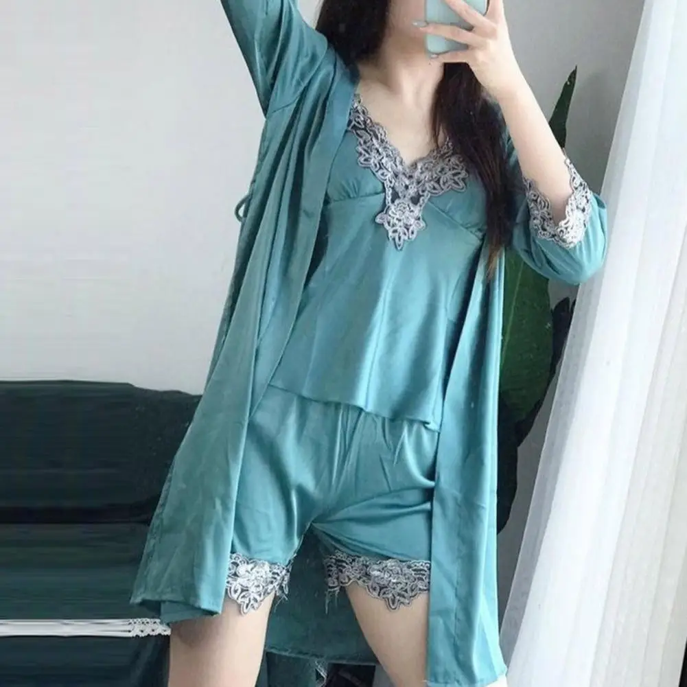 Women Nightdress Set Women Satin Pajama Set Silky Satin Lace Patchwork Women\'s Pajamas Set with Top Shorts Pants Loose Lace-up