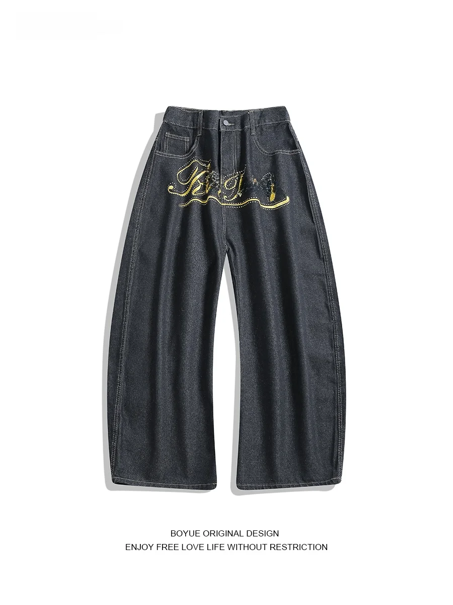 

Boyue American Retro Waed Denim Pants Men Women Wide Leg Loose Fit Long Trousers Letter Embroidery Casual Cotton Jeans