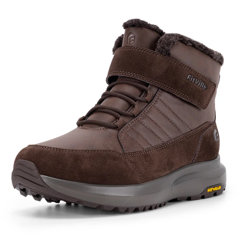FitVille Mens Winter Boots Wide Fit Fur Lined Snow Boot Non Slip Outdoor Hiking Walking Shoe Water Resistant For Swollen Feet