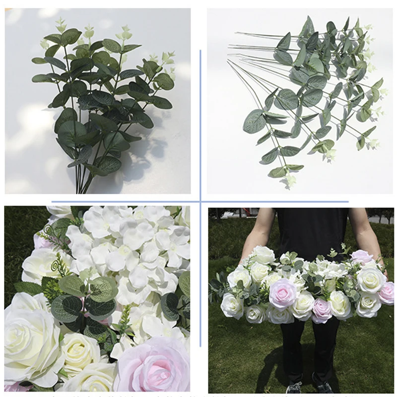 10pcs/set Artificial Eucalyptus Leaves 30.7cm/12 In Green Branch with Top White Flower Simulated Leaf Veins Wedding Party Dinner