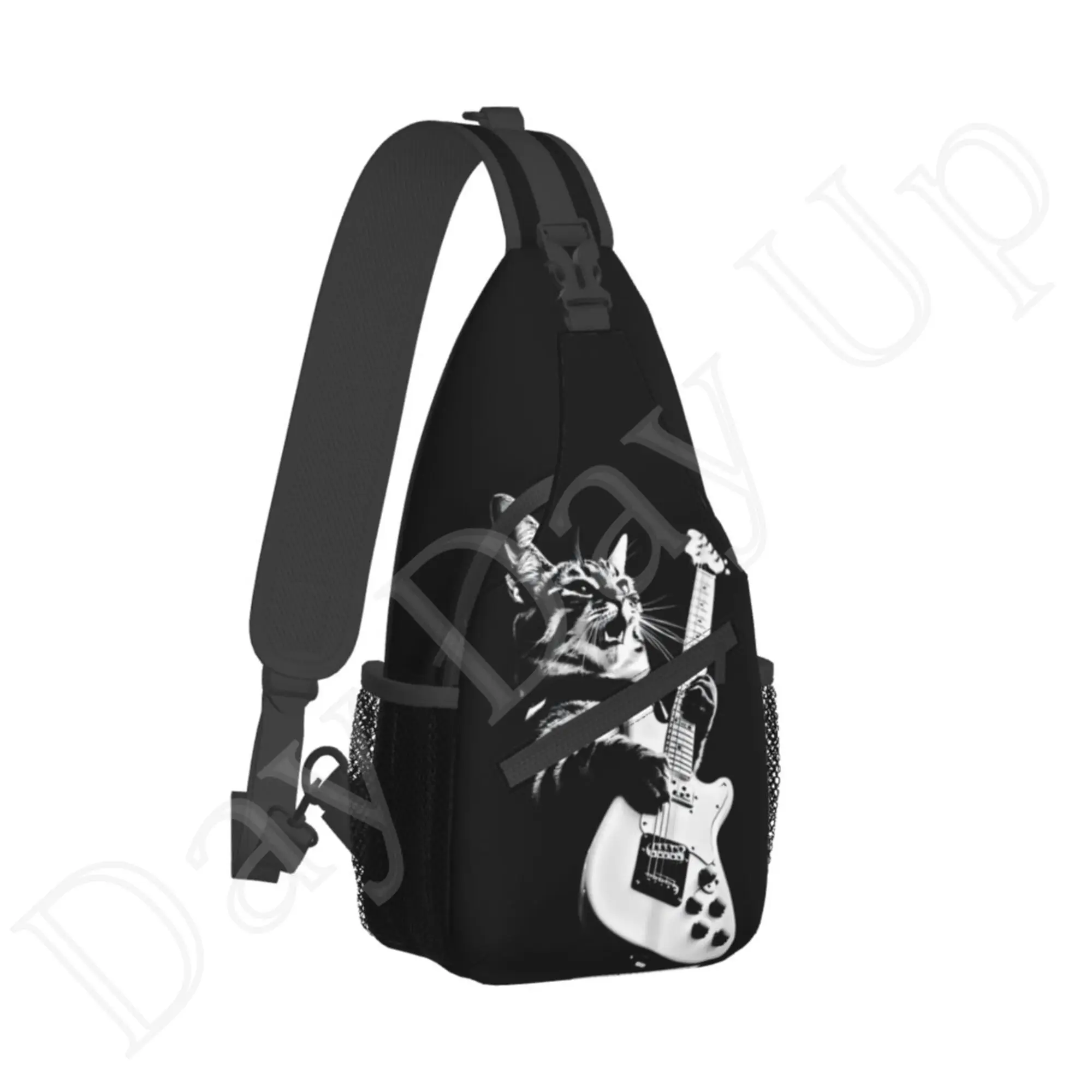 Kot rockowy grający na gitarze zabawna gitara kot torba na klatkę piersiowa krzyż dla mężczyzn kobiet Halloween wystrój poliester Unisex swobodna wędrówka na świeżym powietrzu