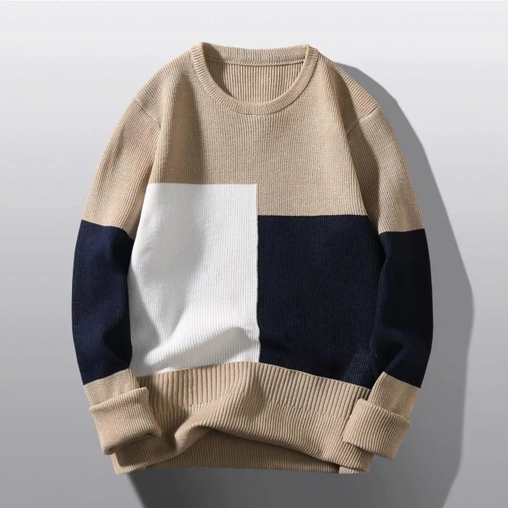 

Cozy Casual Sweater Cozy Men's Colorblock Knitted Sweater Thick Warm Stylish Fall/winter Pullover with Patchwork Detailing