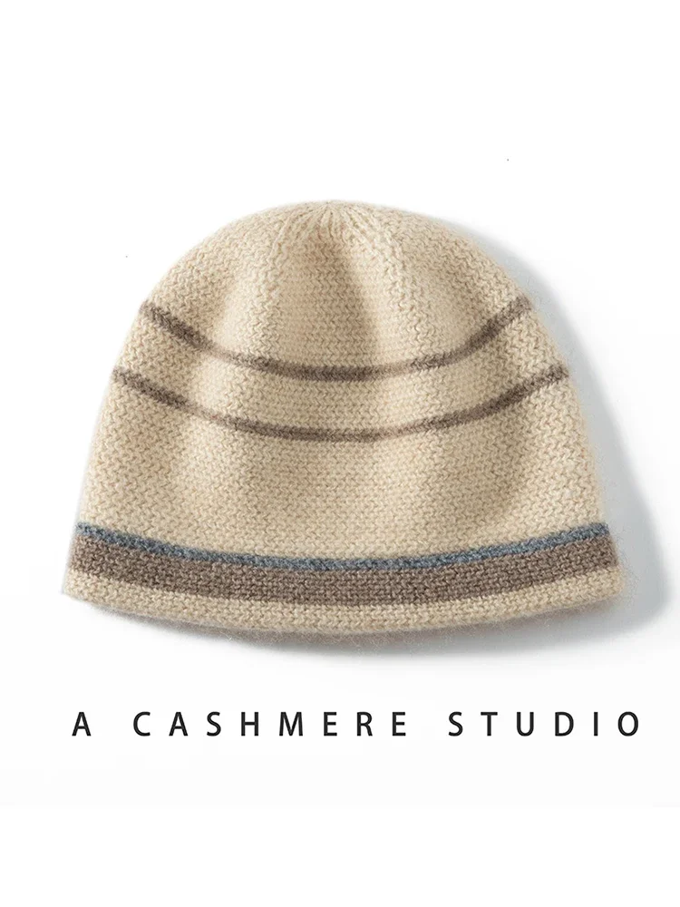 Wool Cashmere Stripes Jacquard Knitted Beanies Double Layers Thick 2023 Women Winter Caps Present Hat Cashmere Warm Bonnet #136