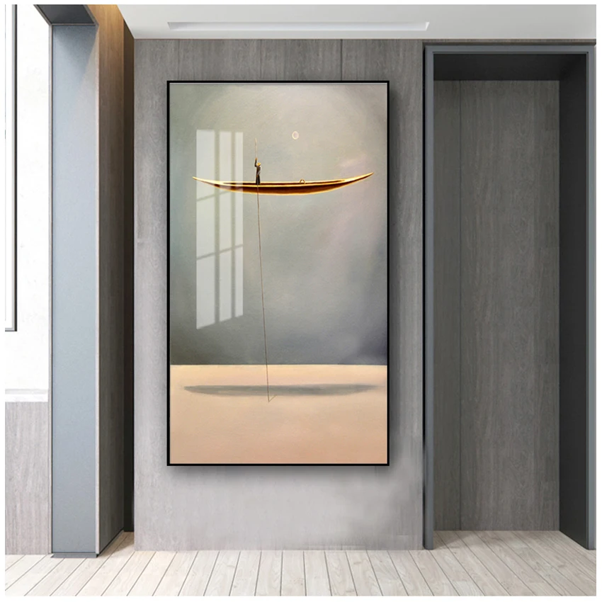 Print Nordic Wall Art Picture Living Room Decor Golden Boat Abstract Canvas Painting Minimalist Landscape Artwork Poster