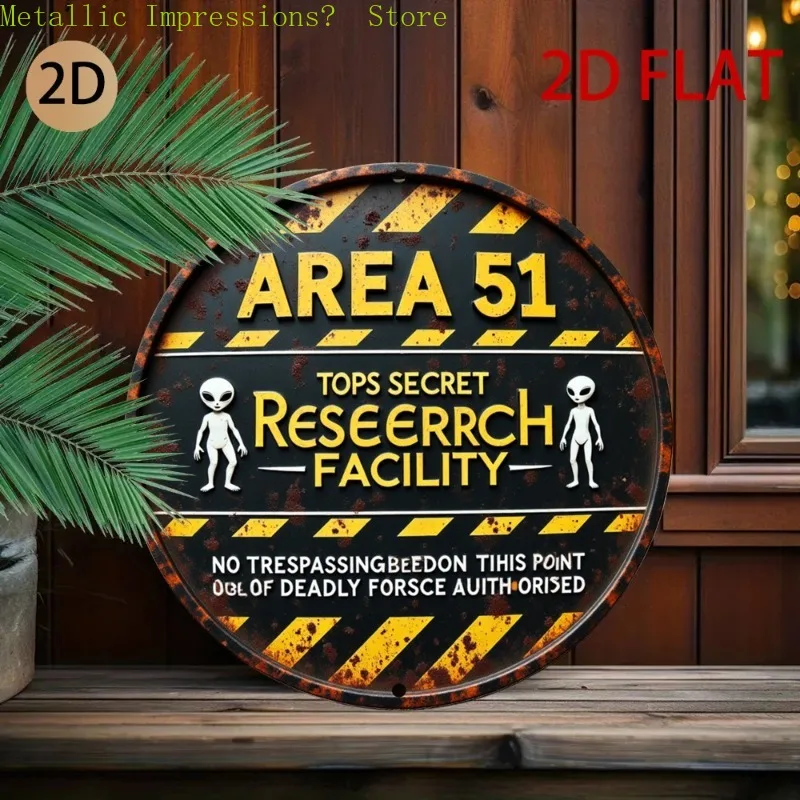 2d flat Themed No Trespassing mental Sign - Top Secret Research Facility Vintage Retro Wall Decor with Alien Silhouettes