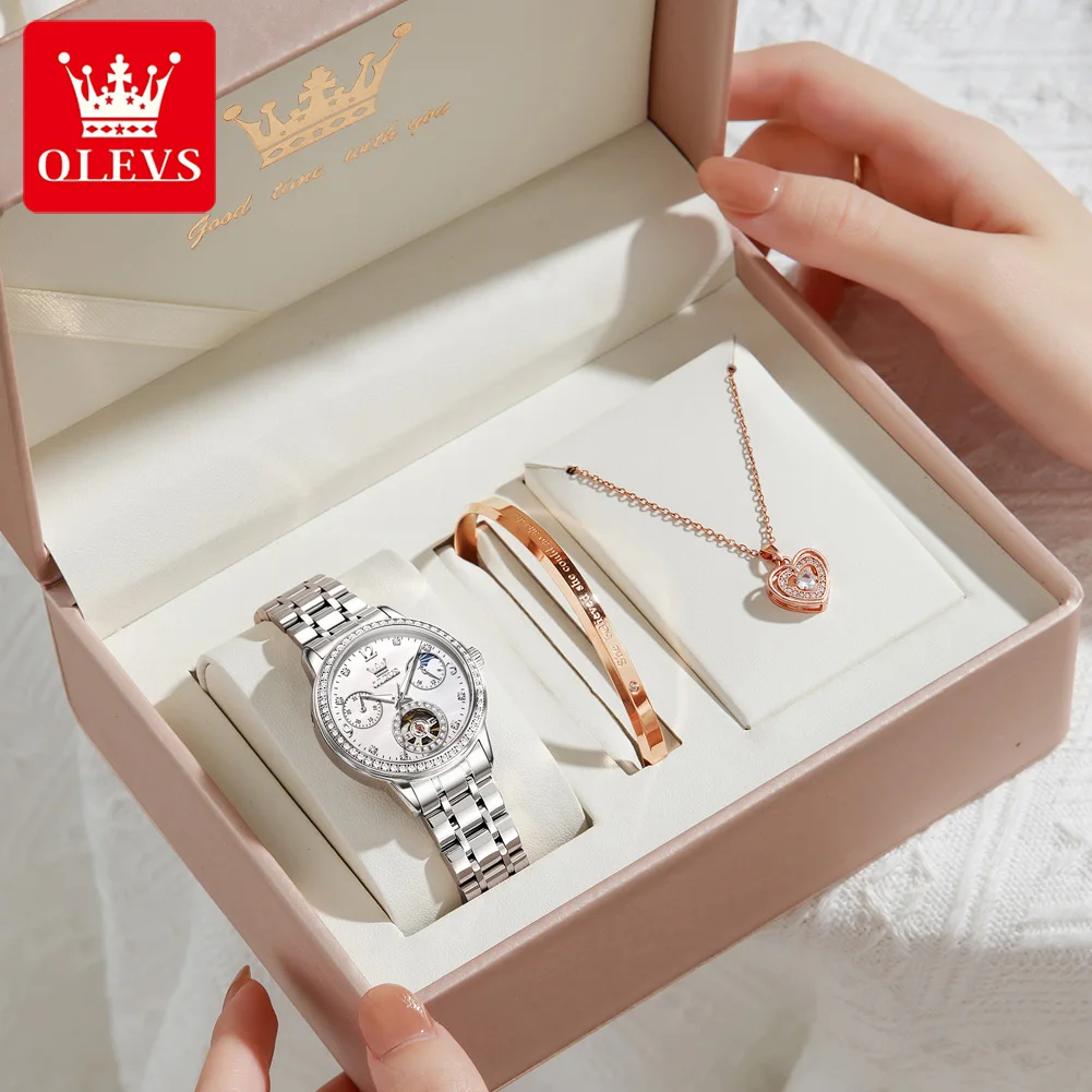 OLEVS Top Brand Women's Watches Exquisite Gift Box Zircon Bezel Moon Phase Original Automatic Mechanical Wristwatch Waterproof