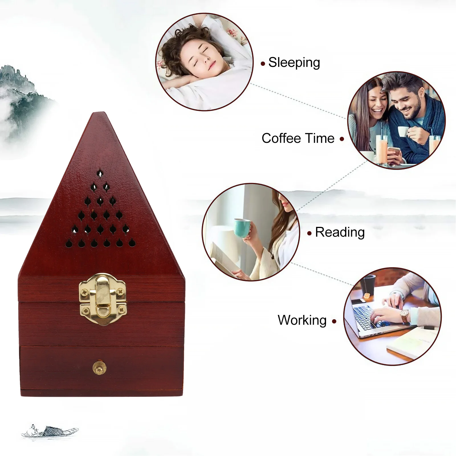 

Pyramid Hollow Out Wooden Incense Burner Dark Red Aromatherapy Box Decor For Home Yoga Meditation Room Incense Censer Adornment