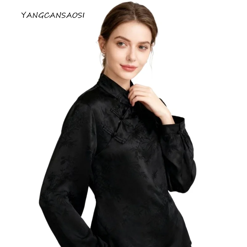 

Женская мода в стиле ретро, осенняя новинка, 100% натуральный шелковый шелк HuaLuo, свободный стиль, китайский топ с наклонным воротником и пряжкой, топ с длинными рукавами