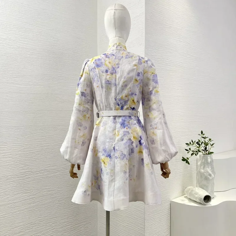 New Light Purple Violet Yellow Floral Print Pure Linen Long Sleeve Women Vintage High Quality White Mini Dress