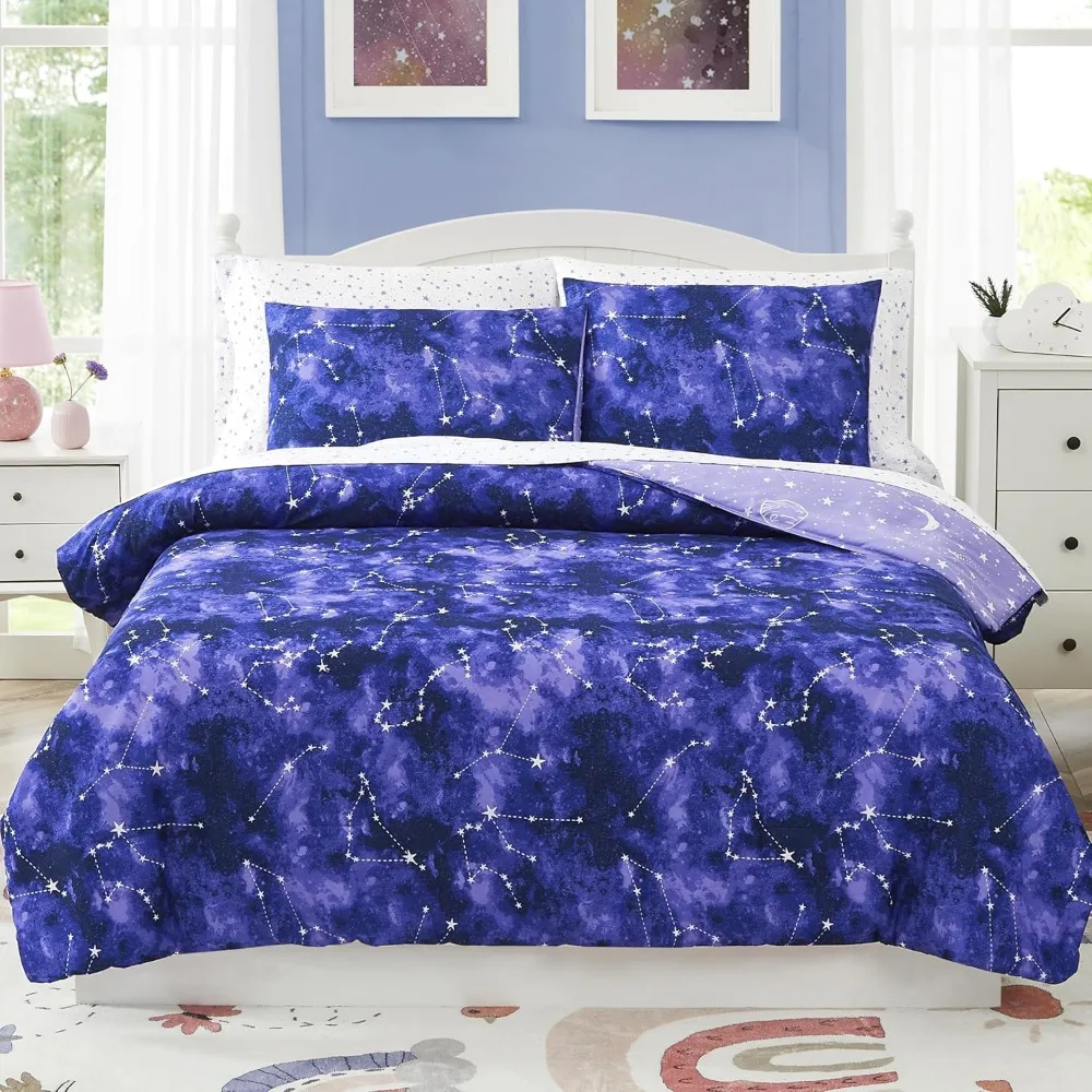 Conjunto de cama duplo que brilha no escuro Galaxy – edredom de 5 peças com lençóis para crianças, meninos e meninas