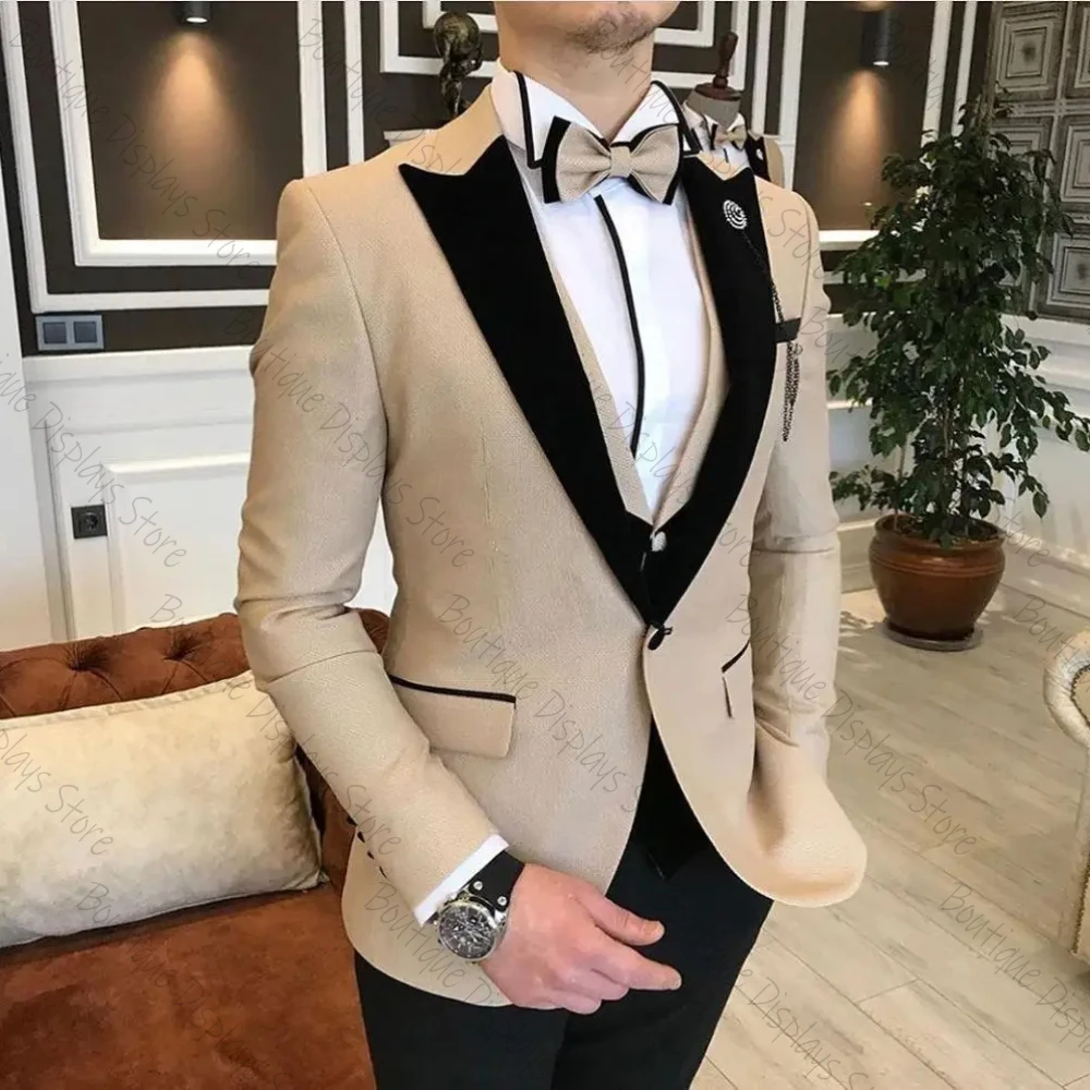 

Custom Made 3-Piece Beige Blazer Casual Business Gentlemen Groom Suits Prom Suits For Men Wedding Best Man Clothing