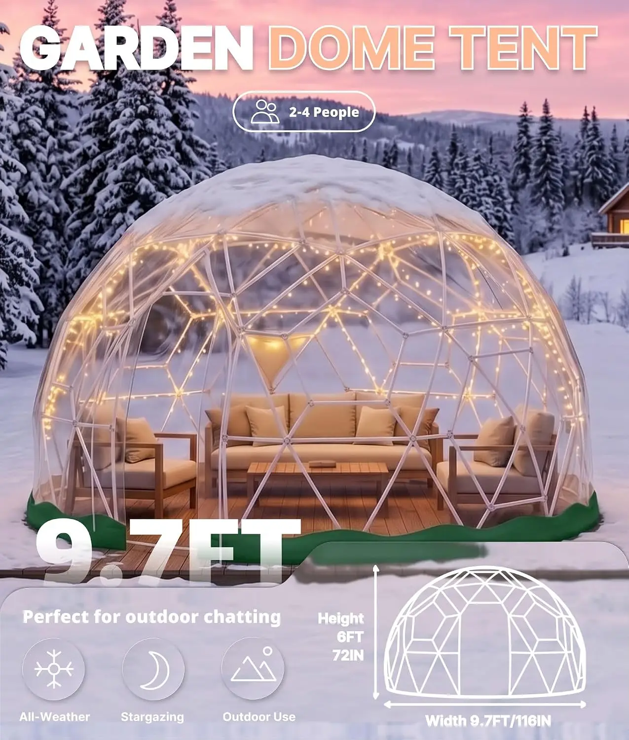9.7FT Garden Dome Tent, Clear Bubble Tent with TPU Cover & Lights, Geodesic Greenhouse with Window, Patio Party, Customized