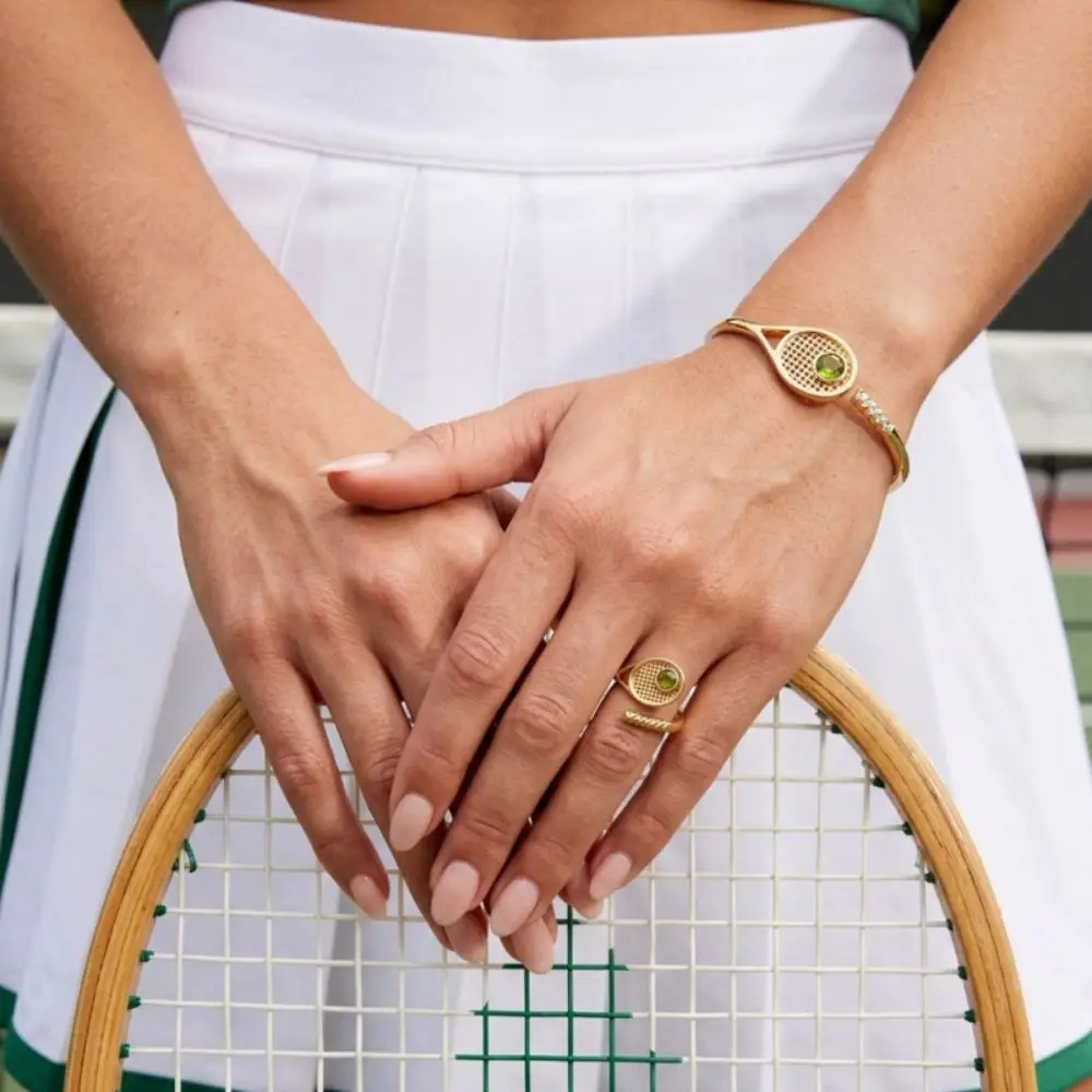 Metal Chain Tennis Racket Bracelet Stainless Steel 18K Gold Plated Tennis Racket Open Bangle Star Retro Rhinestones Bracelet