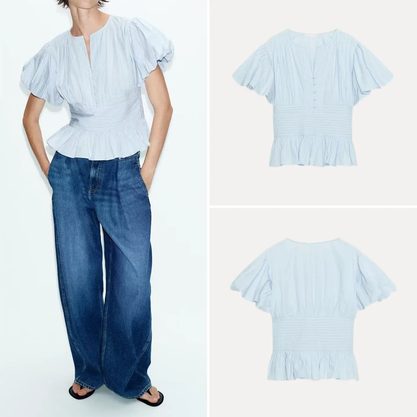 

Spring 2026 Women's Fashion Shirt Short Sleeve Bubble V-Neck round Neck Ruffle Hem European Style ZADATA Other Material 100%