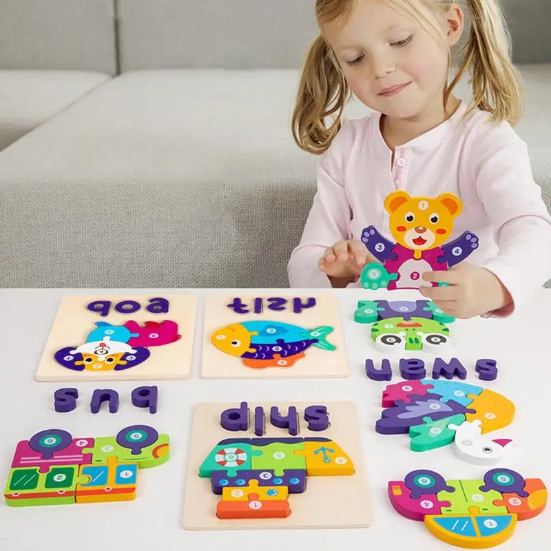 Kleinkind-Holzpuzzles, 3D-Lernpuzzles für Kinder, pädagogisches Entwicklungsspielzeug für Kleinkinder, Farbformen, Wörter lernen