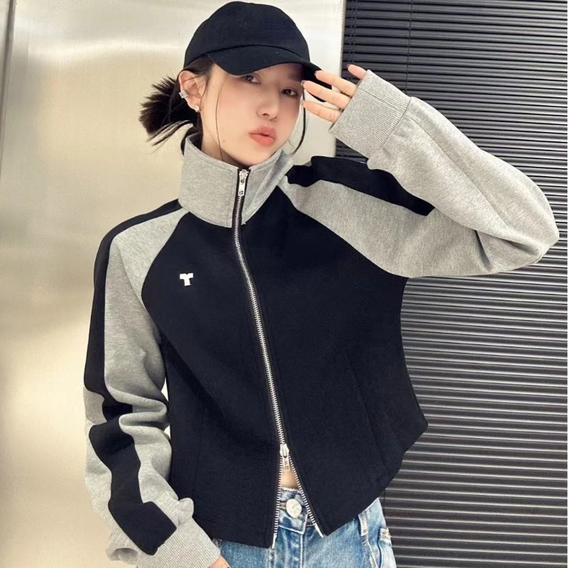 Hikigawa Autumn Vintage Contrast Color Zipper Cardigan Coats Women Chic Fashion Patchwork Baseball Jackets Tops Roupas Femininas